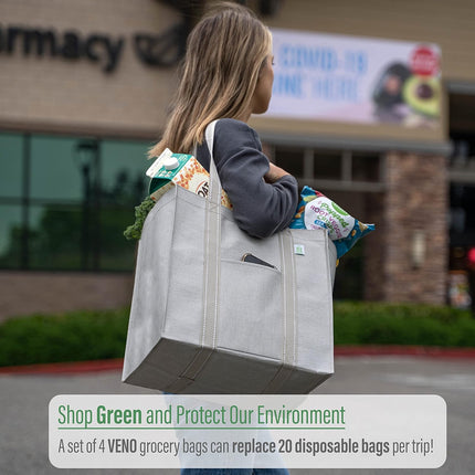 4 Pack Reusable Grocery Shopping Bag W/Hard Bottom, Foldable,Multipurpose Heavy Duty Tote,Daily Utility Bag (Set of 4)