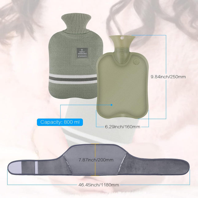 3 in 1 Hot Water Bottle with Knitted Cover, Rubber Hot Water Bag with Soft Plush Waist Belt, Hot Water Pouch for Period, Neck, Shoulder, Back, Legs, Waist Warm