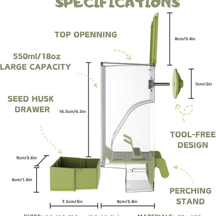 Automatic Bird Feeder, Bird Cage Feeder with Perch for Parakeet Canary Cockatiel Finch (Green)