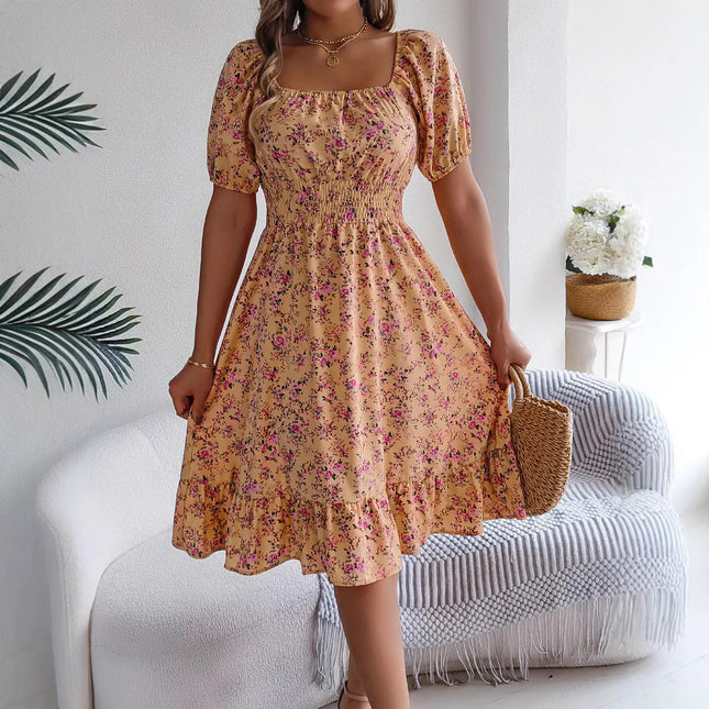 Floral Print Square Collar Dress Summer Fashion Ruffles Dresses Women'S Clothing