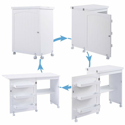 Folding Sewing Table with Storage Shelves and Lockable Casters
