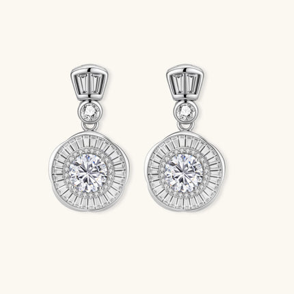 Art Deco-inspired sterling silver drop earrings with tiered moissanite stones in geometric sunburst design