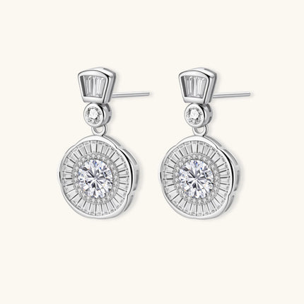 Art Deco-inspired sterling silver drop earrings with tiered moissanite stones in geometric sunburst design