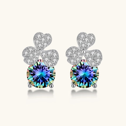 Sterling silver stud earrings with four-leaf clover design featuring small crystals above round moissanite stones