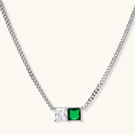 Modern square-cut cubic zirconia jewelry set with white gold plated chain, featuring emerald green or golden yellow stones.
