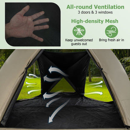 6-Sided Family Tent with Rainfly, Skylight, 3 Doors, 3 Windows