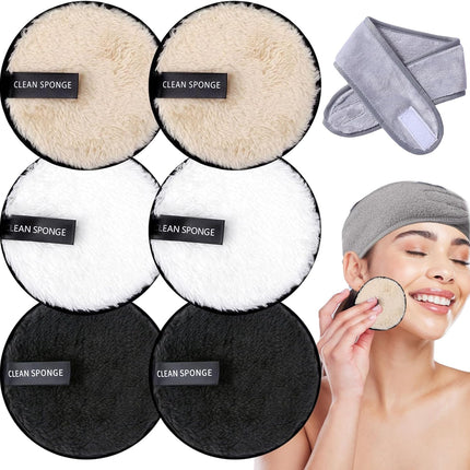 Reusable Makeup Remover Pads - 7 Pack Large Double Sided Face & Eye Cleansing Pads with Spa Headbands - Washable Microfibre Cotton for All Skin Types
