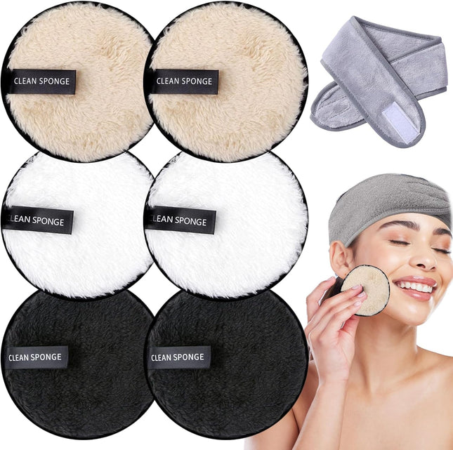 Reusable Makeup Remover Pads - 7 Pack Large Double Sided Face & Eye Cleansing Pads with Spa Headbands - Washable Microfibre Cotton for All Skin Types