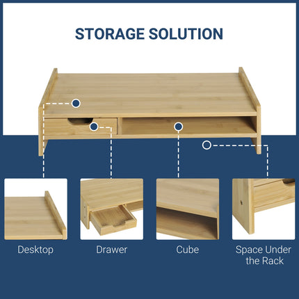 Monitor Riser Laptop PC Plinth Stand Organiser Computer Screen W/ Drawer Bamboo