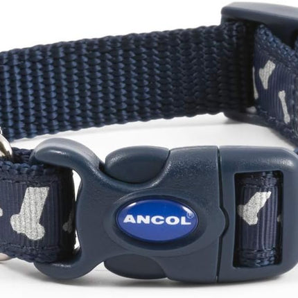 Ancol Fashion Dog Collar - Blue Reflective Bones Adjustable Collar for Dogs And