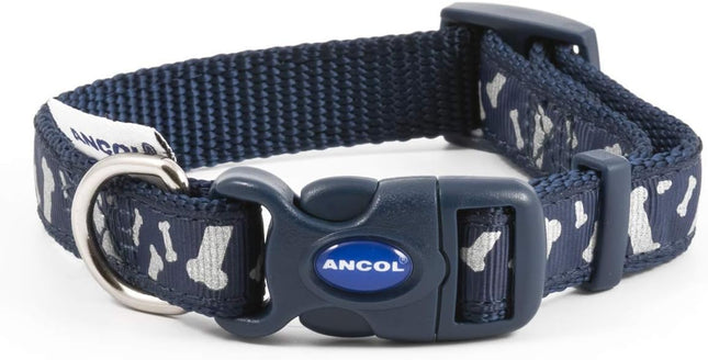 Ancol Fashion Dog Collar - Blue Reflective Bones Adjustable Collar for Dogs And