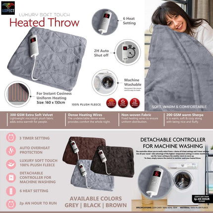 Electric Heated Blanket | Luxury Soft Touch Blanket | Warm Soft over Throw Plush Fleece Rug with Digital Timer Controller Super Comfy | Heated Throw 160Cm X 130Cm | Grey