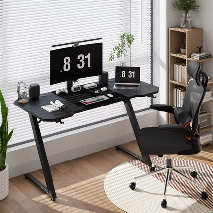 Gaming Desk Computer Desk Sturdy Carbon Fiber Z Frame Large Gaming Table with Headphone Hooks PC Desk