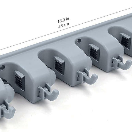 Rectangular Wall Mount Broom Holder and Garden Tool Organizer, 6 Hook and 5 Slot, 43 X 8.5 X 6.2 Cm, Gray