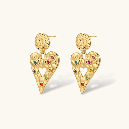 Gold hammered heart drop earrings with rainbow cubic zirconia stones and textured coin stud, 18K gold plated stainless steel.