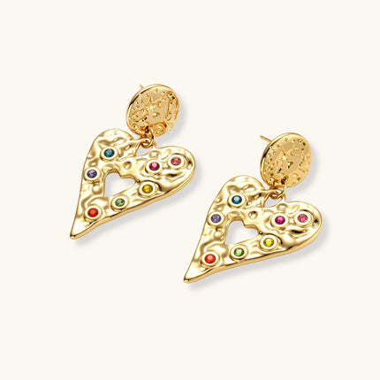 Gold hammered heart drop earrings with rainbow cubic zirconia stones and textured coin stud, 18K gold plated stainless steel.