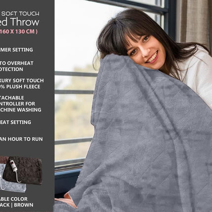 Electric Heated Blanket | Luxury Soft Touch Blanket | Warm Soft over Throw Plush Fleece Rug with Digital Timer Controller Super Comfy | Heated Throw 160Cm X 130Cm | Grey