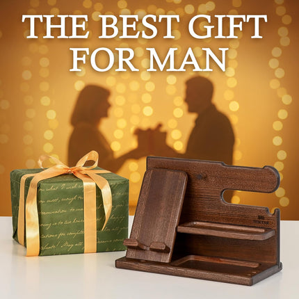 Gifts for Men Wood Phone Docking Station Desk Organizer Fathers Gifts Gifts for Him Xmas Gift Anniversary Birthday Presents Nightstand Key Wallet Stand for Men, Boyfriend, Dad