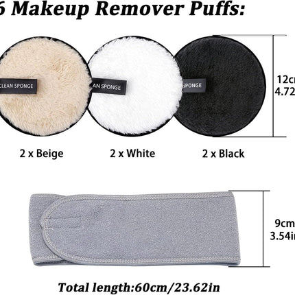 Reusable Makeup Remover Pads - 7 Pack Large Double Sided Face & Eye Cleansing Pads with Spa Headbands - Washable Microfibre Cotton for All Skin Types