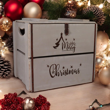 Rustic Vintage Grey Merry Xmas Box Wooden Display Storage Crate Xmas Eve Box