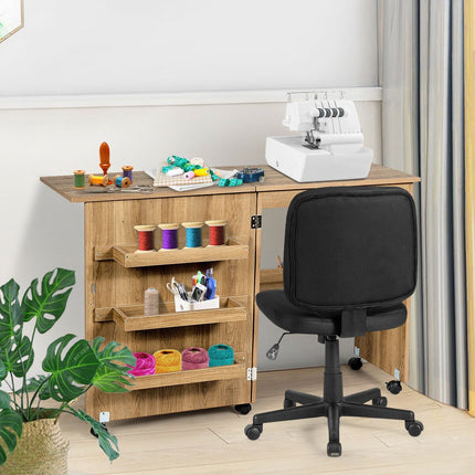Folding Sewing Table with Storage Shelves and Lockable Casters