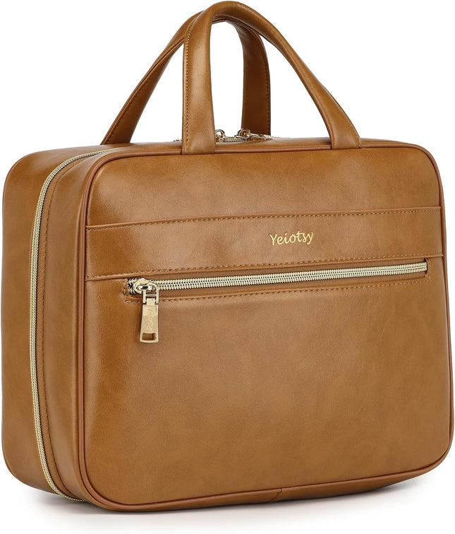 Hanging Travel Toiletry Bag - Waterproof Vegan Leather Organizer with Wet-Dry Compartments, Foldable Design for Camping, Gym, Shower & Business Trip (Brown, Large)