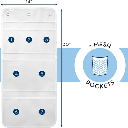 Shower Organizer with Quick Drying Mesh, Bathroom Caddy Organizer with 7 Pockets to Hold Toiletries, Shampoos, Soaps, and Loofahs, 14 Inch by 30 Inch, White, 2 Pack