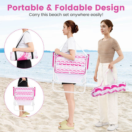 4 Pieces Beach Umbrella Set with 2 Foldable Chairs and Picnic Blanket