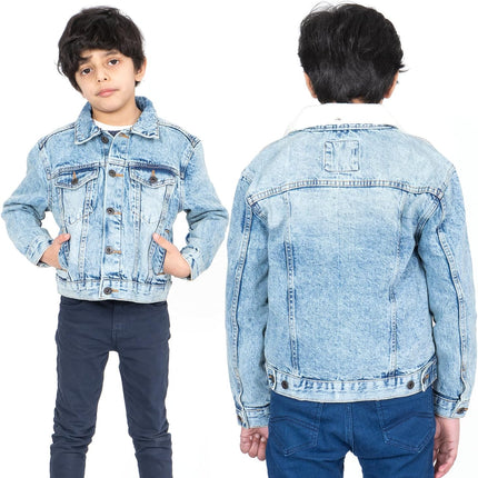 Boy’S Trucker Denim Jacket Detachable Sherpa Collar Washed Denim Classic Western Style Jean Coat UK Sizes 5-13 Years