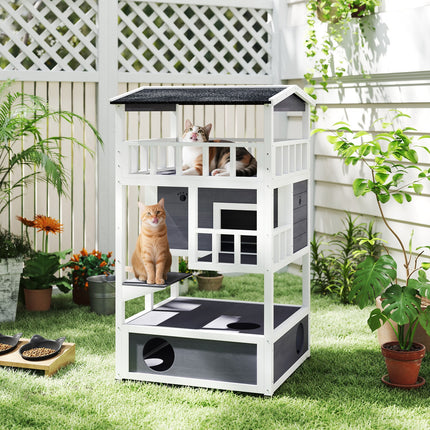 Pawhut Wooden Outdoor Cat House 3-Tier Kitten Shelter W/ Tilted Roof Grey