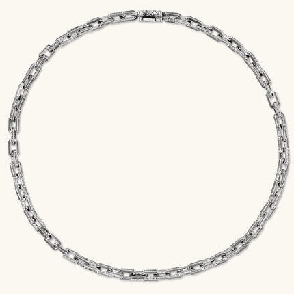 Silver 316L stainless steel rectangular link chain necklace with intricate scroll engravings, 560mm length, 7.1mm width.