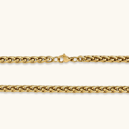 18K gold-plated stainless steel wheat chain necklace, 4.2mm wide, with lobster clasp, on off-white background.