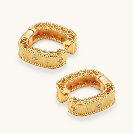 Square huggie hoop earrings in 18K gold-plated silver with ribbed texture, rope borders, floral CZ clusters, and filigree inner lace.
