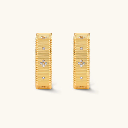 Square huggie hoop earrings in 18K gold-plated silver with ribbed texture, rope borders, floral CZ clusters, and filigree inner lace.