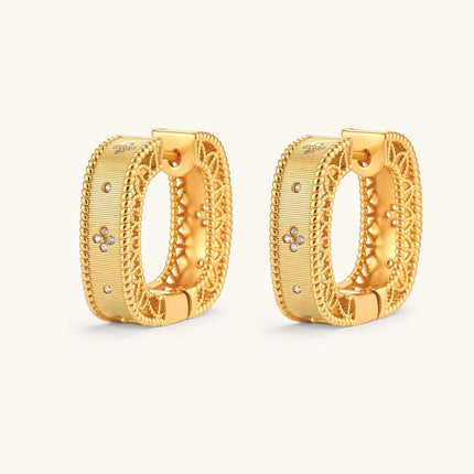 Square huggie hoop earrings in 18K gold-plated silver with ribbed texture, rope borders, floral CZ clusters, and filigree inner lace.