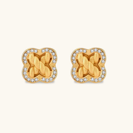Gold-plated 925 silver clover stud earrings with brushed braid center and CZ stone border, 12mm, push-back closure.