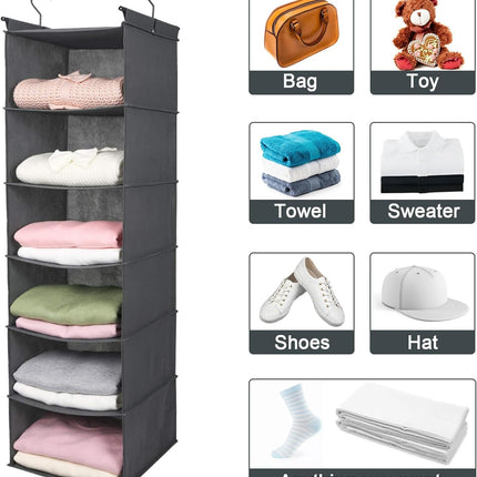 6 Tier Shelf Hanging Closet Organizer, Closet Hanging Shelf with 2 Sturdy Hooks for Storage, Foldable (Grey)