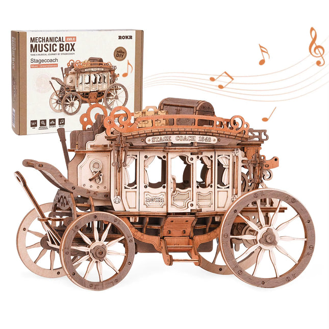 Wooden Music Box Puzzle 3D Puzzles Mechanical Building Construction Craft Birthday Anniversary Day Gift Kits Stagecoach