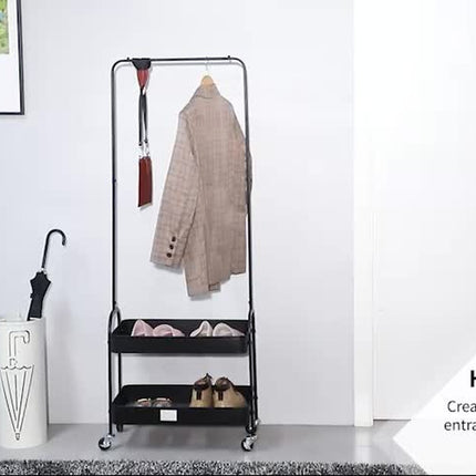 Metal Coat Rack with Shoe Storge, Clothes Hanging Stand with 2 Shelves, Black