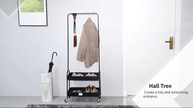 Metal Coat Rack with Shoe Storge, Clothes Hanging Stand with 2 Shelves, Black