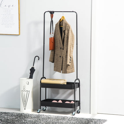 Metal Coat Rack with Shoe Storge, Clothes Hanging Stand with 2 Shelves, Black