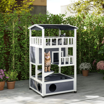 Pawhut Wooden Outdoor Cat House 3-Tier Kitten Shelter W/ Tilted Roof Grey