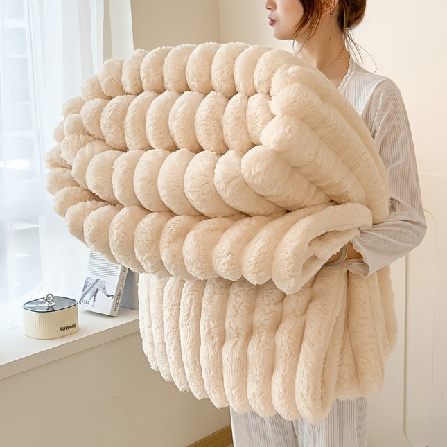 Large Ribbed Faux Fur Warm Fleece Throw over Soft Sofa Bed Blanket Double & King
