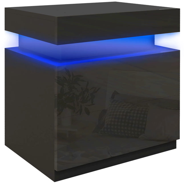 High Gloss Bedside Table with LED Light and 2 Drawers, Black