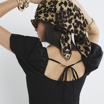 River Island Womens Midi Dress Black Short Puff Sleeve Square Neck Zip Tie Back