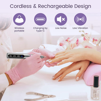 Electric Nail Files, Cordless Nail Drill Rechargeable, 5 Adjustable Speed E File, Professional Electric Nail Drill for Acrylic Nails with 20000 RPM, Portable Manicure Pedicure Kit Gifts for Women Mum