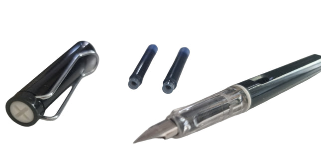 Fountain Pen Blue Ink Medium Writing Nib with Lid and 2 Cartridges Black Plastic