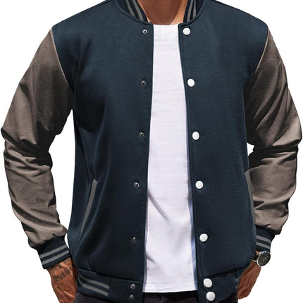Mens Fashion Varsity Jackets Leather Sleeve Slim Fit College Baseball Letterman Bomber Coat