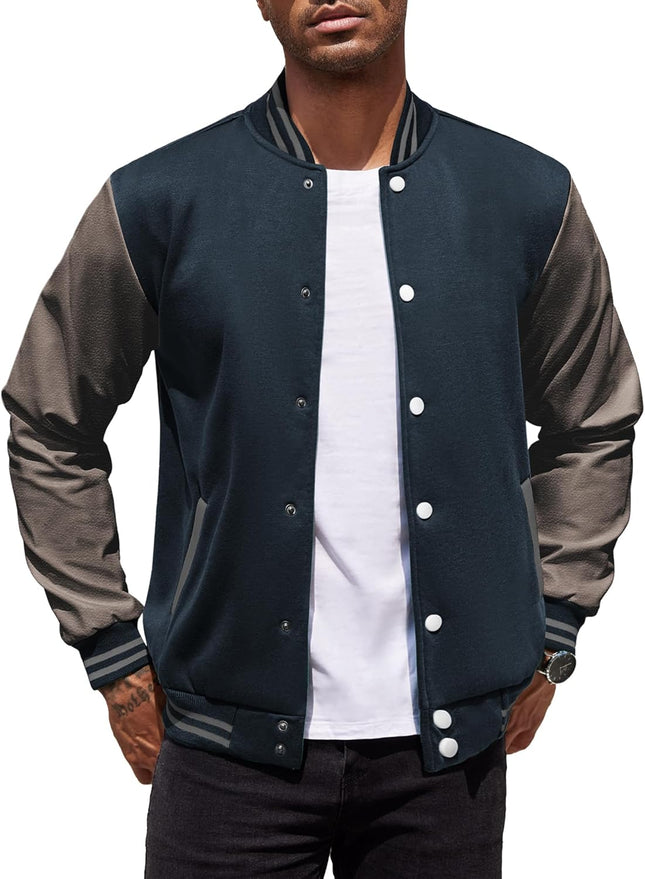 Mens Fashion Varsity Jackets Leather Sleeve Slim Fit College Baseball Letterman Bomber Coat