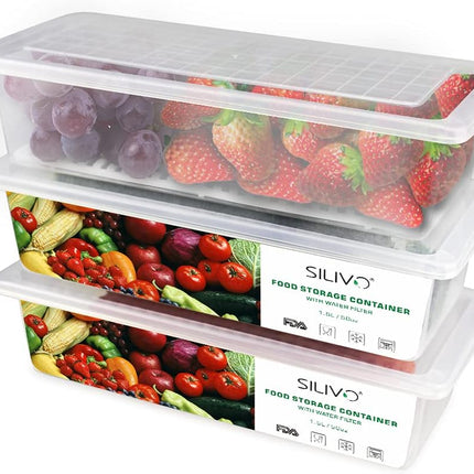 Fridge Organiser with Lids,  Food Storage Containers with Draining Grid, Fridge Organiser for Storing Fresh Fruit, Vegetable and Cheese (3 X 1.5L)